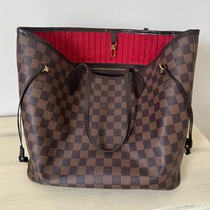 Louis Vuitton Brown Checkered Tote with Red Interior